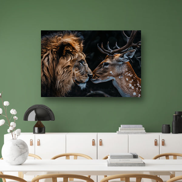 Leeuw en hert tegen donkere achtergrond canvas