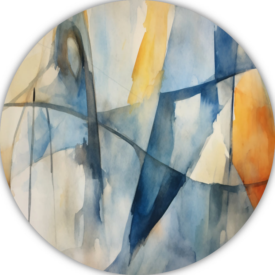 Aquarel compositie in blauw, geel en wit aluminium muurcirkel
