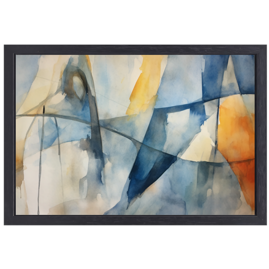 Aquarel compositie in blauw, geel en wit canvas met baklijst