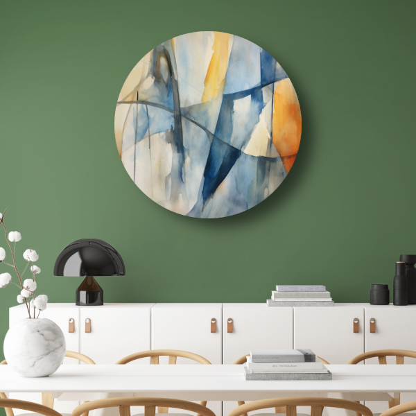 Aquarel compositie in blauw, geel en wit aluminium muurcirkel