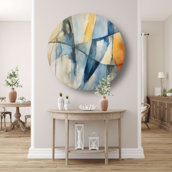 Aquarel compositie in blauw, geel en wit aluminium muurcirkel
