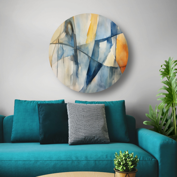 Aquarel compositie in blauw, geel en wit aluminium muurcirkel