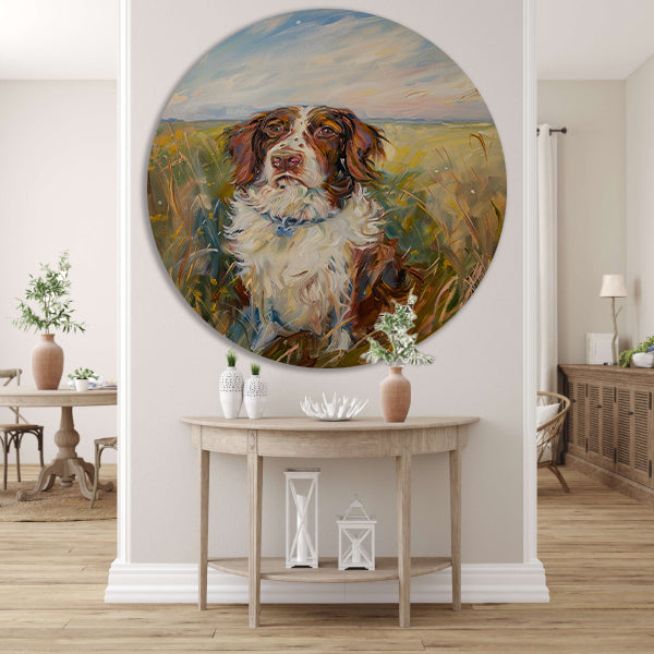 Hondenschilderij in een kleurrijk landschap aluminium muurcirkel