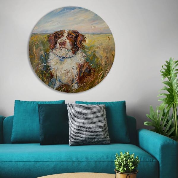 Hondenschilderij in een kleurrijk landschap aluminium muurcirkel