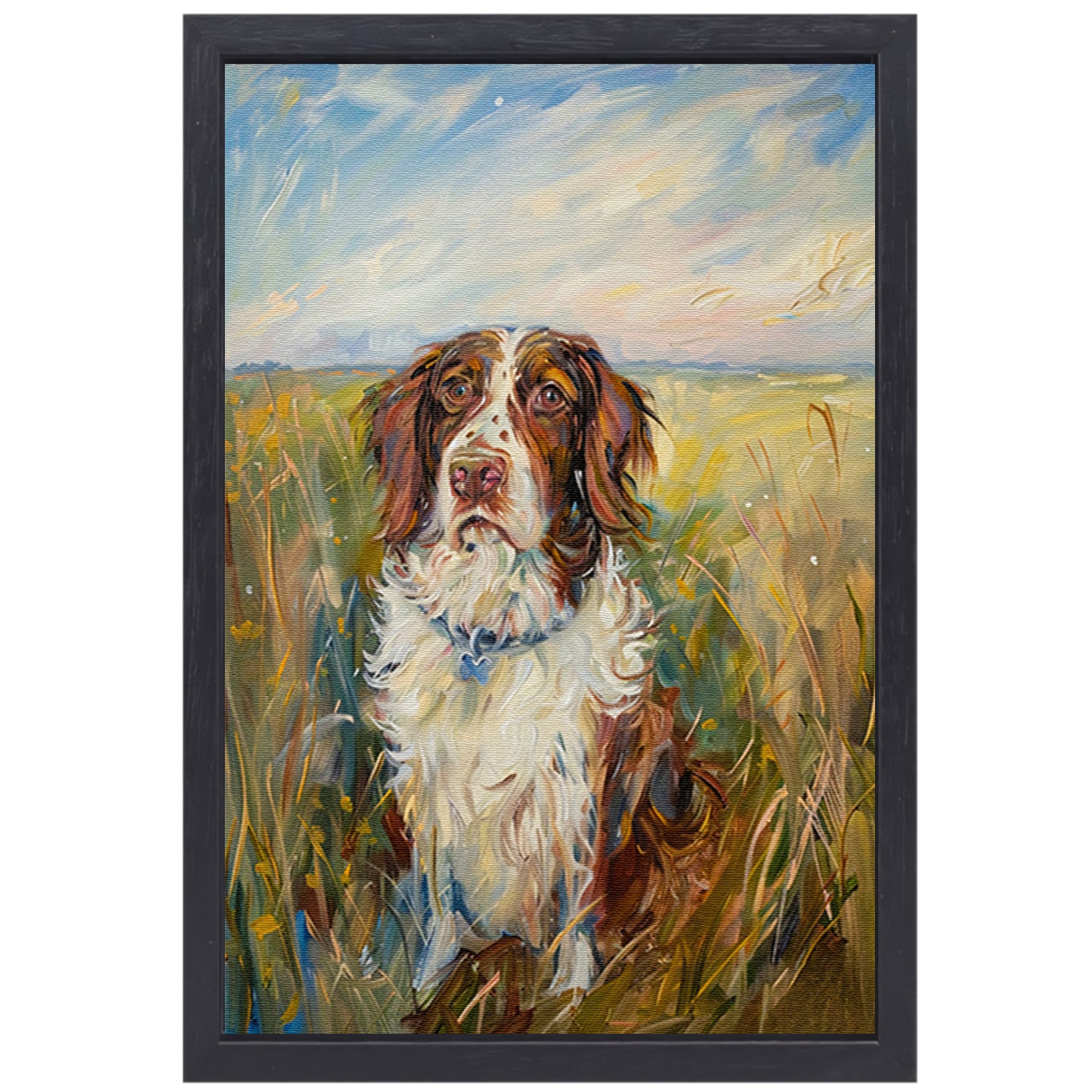 Hondenschilderij in een kleurrijk landschap canvas met baklijst