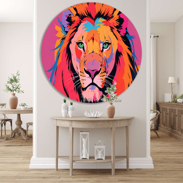 Kleurrijke popart leeuw illustratie voor interieur aluminium muurcirkel