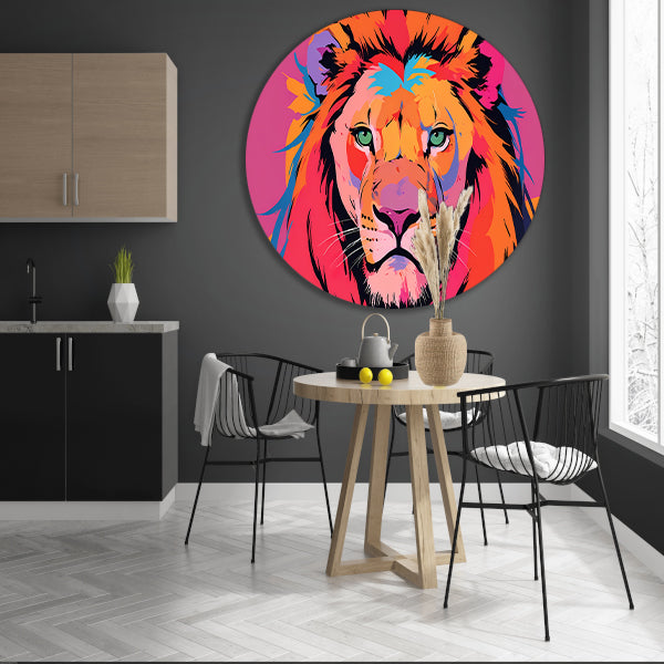 Kleurrijke popart leeuw illustratie voor interieur aluminium muurcirkel