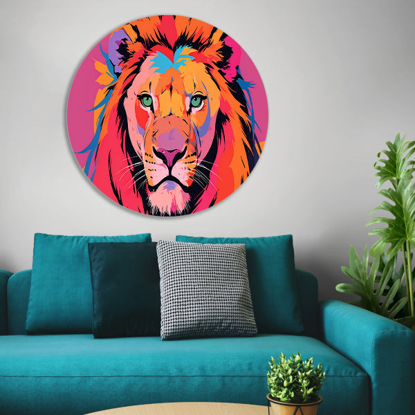 Kleurrijke popart leeuw illustratie voor interieur aluminium muurcirkel