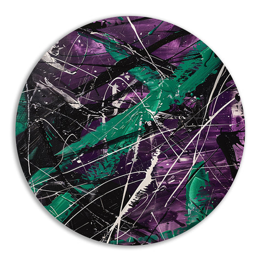 Abstracte dynamische figuur met paarse tinten aluminium muurcirkel