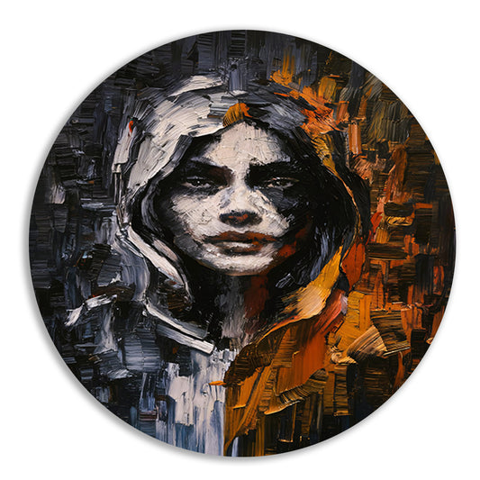 Dynamisch Abstract Portret met Expressieve Kleuren aluminium muurcirkel