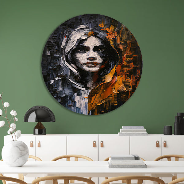 Dynamisch Abstract Portret met Expressieve Kleuren aluminium muurcirkel