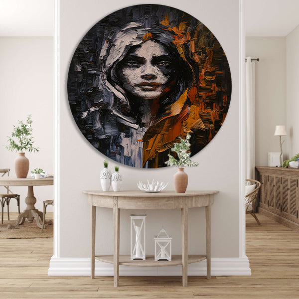 Dynamisch Abstract Portret met Expressieve Kleuren aluminium muurcirkel