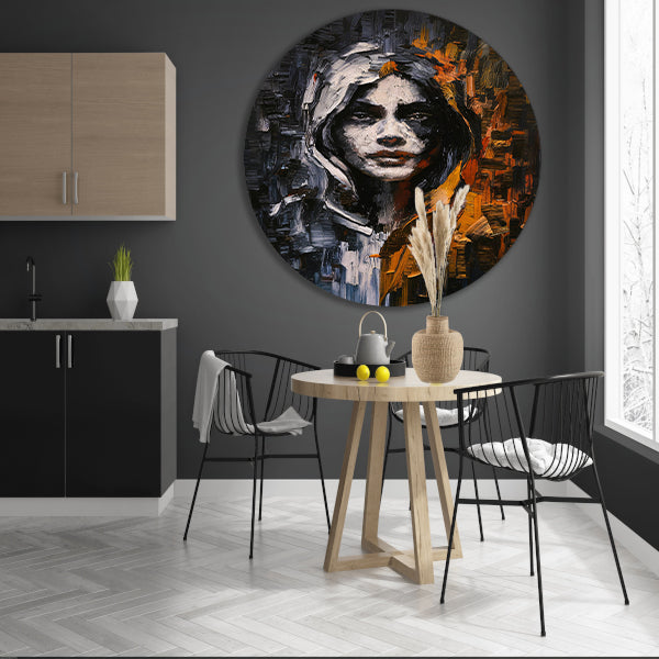 Dynamisch Abstract Portret met Expressieve Kleuren aluminium muurcirkel