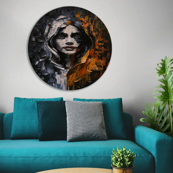 Dynamisch Abstract Portret met Expressieve Kleuren aluminium muurcirkel