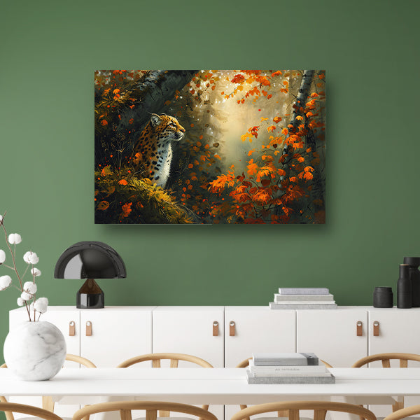 Luipaard in kleurrijk herfstbos canvas