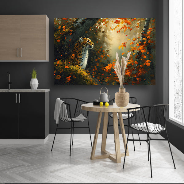 Luipaard in kleurrijk herfstbos canvas