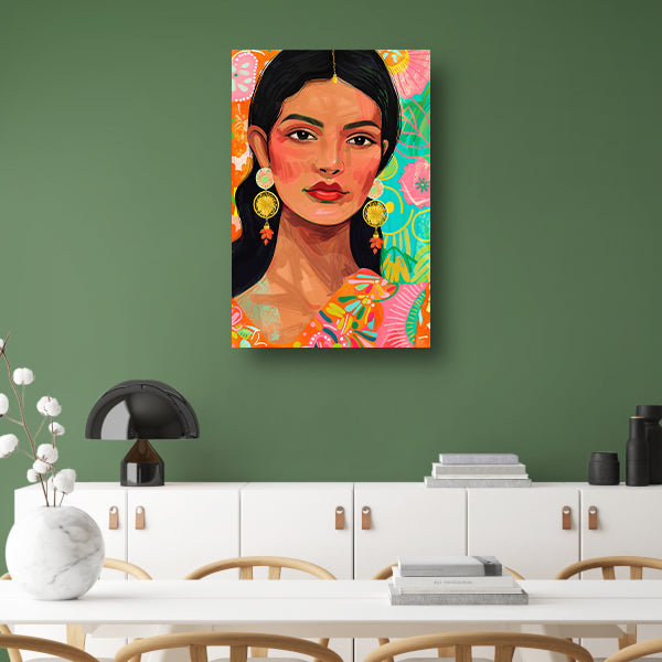 Kleurrijk portret Indiase vrouw met bloemenachtergrond canvas