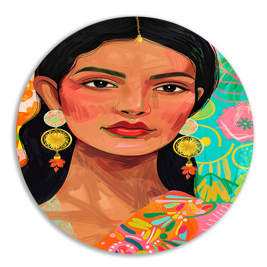 Kleurrijk portret Indiase vrouw met bloemenachtergrond aluminium muurcirkel