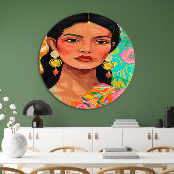 Kleurrijk portret Indiase vrouw met bloemenachtergrond aluminium muurcirkel
