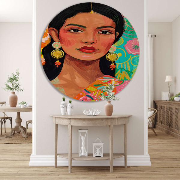 Kleurrijk portret Indiase vrouw met bloemenachtergrond aluminium muurcirkel