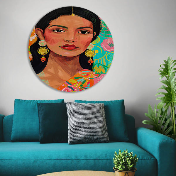 Kleurrijk portret Indiase vrouw met bloemenachtergrond aluminium muurcirkel