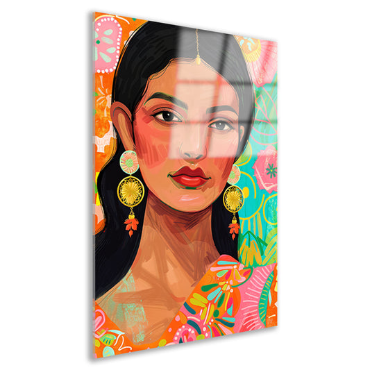 Kleurrijk portret Indiase vrouw met bloemenachtergrond acrylglas