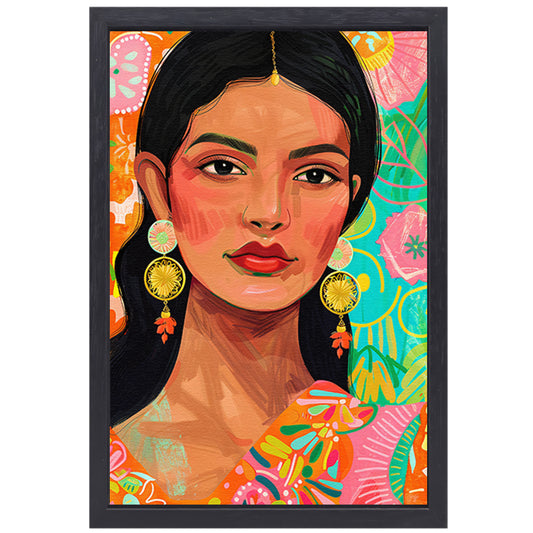 Kleurrijk portret Indiase vrouw met bloemenachtergrond canvas met baklijst