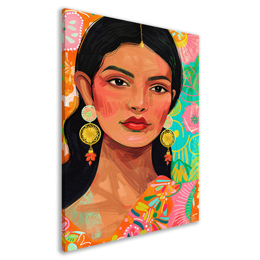 Kleurrijk portret Indiase vrouw met bloemenachtergrond canvas