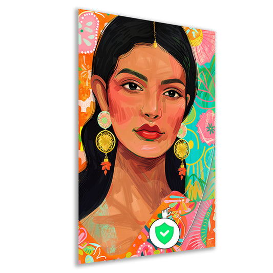 Kleurrijk portret Indiase vrouw met bloemenachtergrond poster