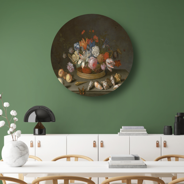 Tulpen, rozen en andere bloemen in een mand - Balthasar van der Ast aluminium muurcirkel