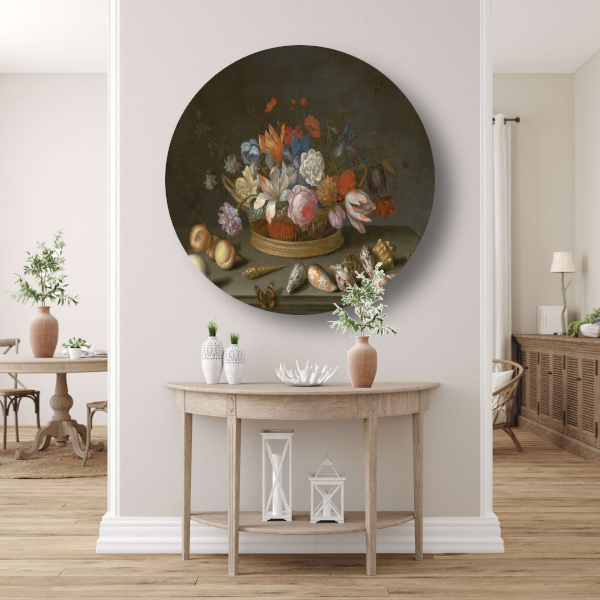 Tulpen, rozen en andere bloemen in een mand - Balthasar van der Ast aluminium muurcirkel