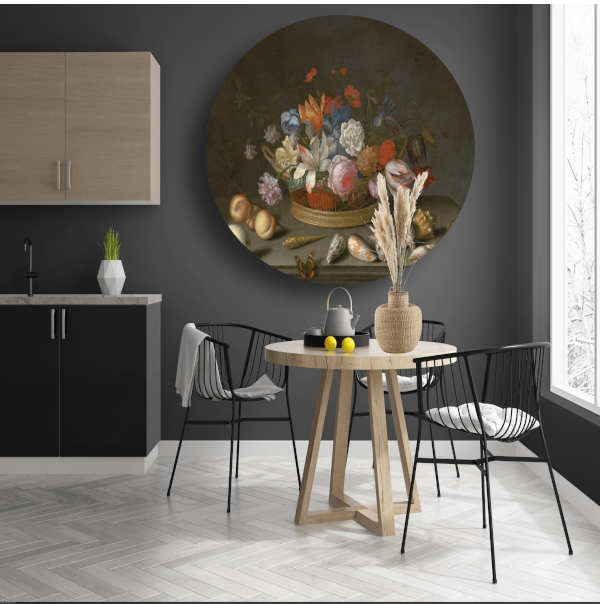 Tulpen, rozen en andere bloemen in een mand - Balthasar van der Ast aluminium muurcirkel