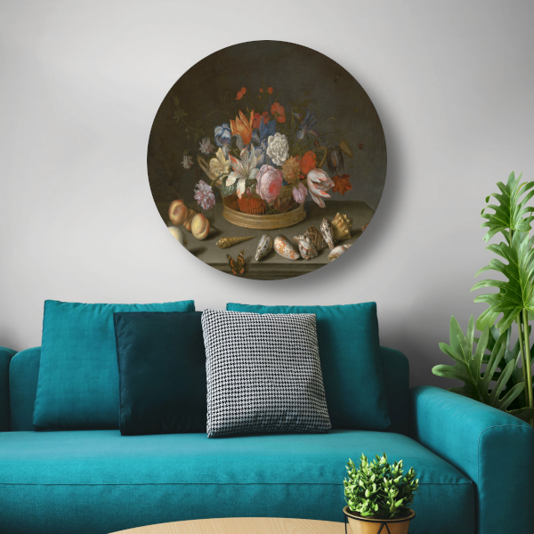 Tulpen, rozen en andere bloemen in een mand - Balthasar van der Ast aluminium muurcirkel