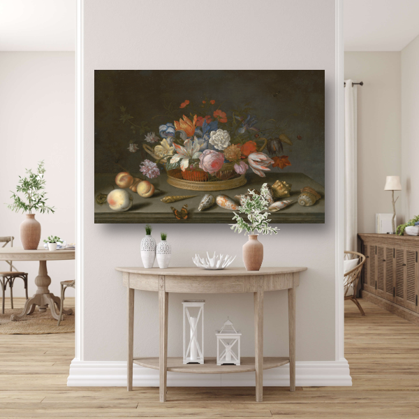 Tulpen, rozen en andere bloemen in een mand - Balthasar van der Ast poster