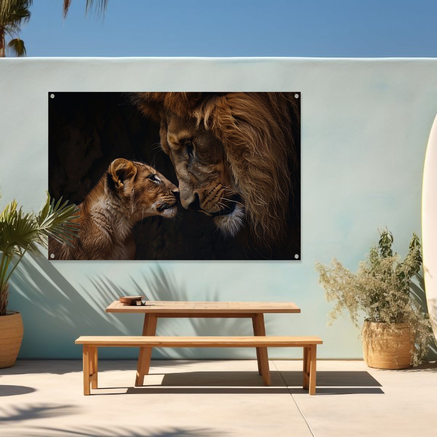 Majestueuze leeuw met zijn welp tuinposter
