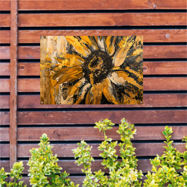 Dynamische abstracte zonnebloem in goud en zwart tuinposter