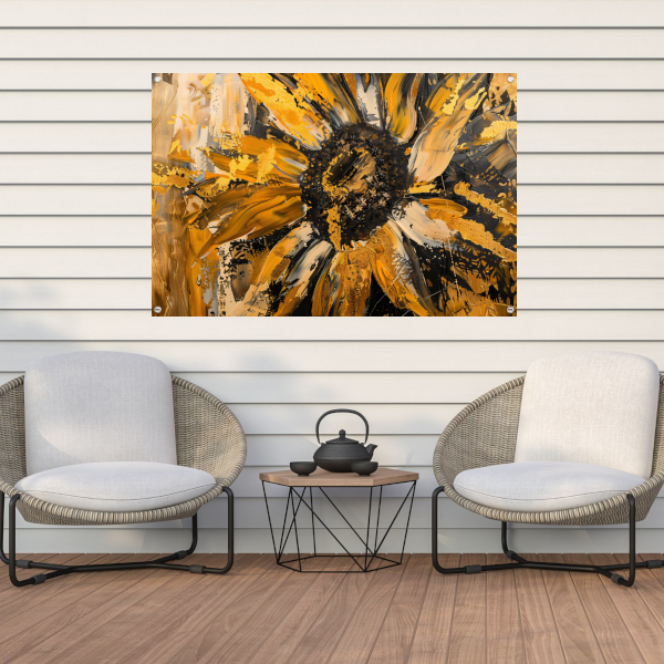 Dynamische abstracte zonnebloem in goud en zwart tuinposter