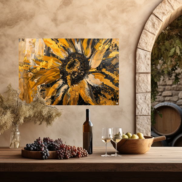 Dynamische abstracte zonnebloem in goud en zwart tuinposter