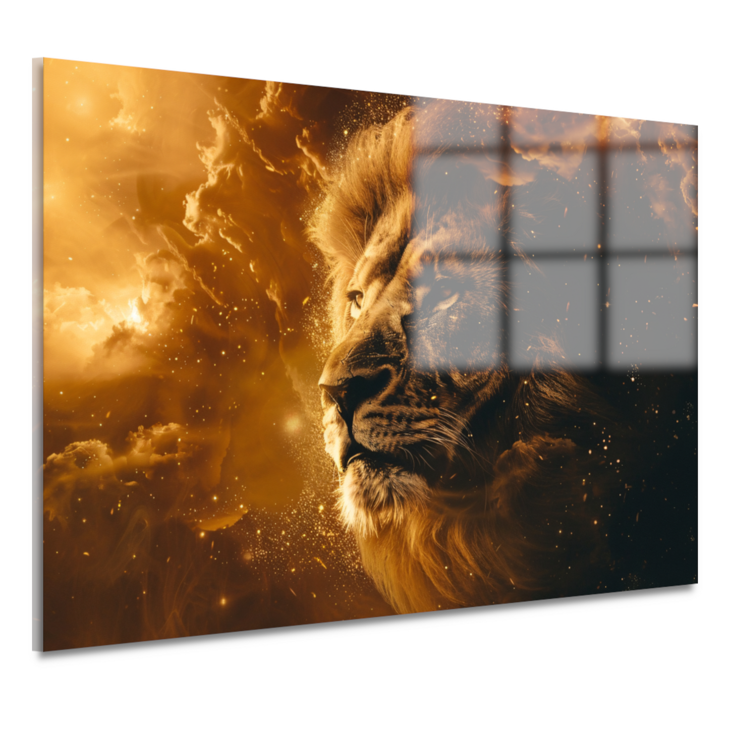 Gouden leeuw omringd door vurige gloed acrylglas