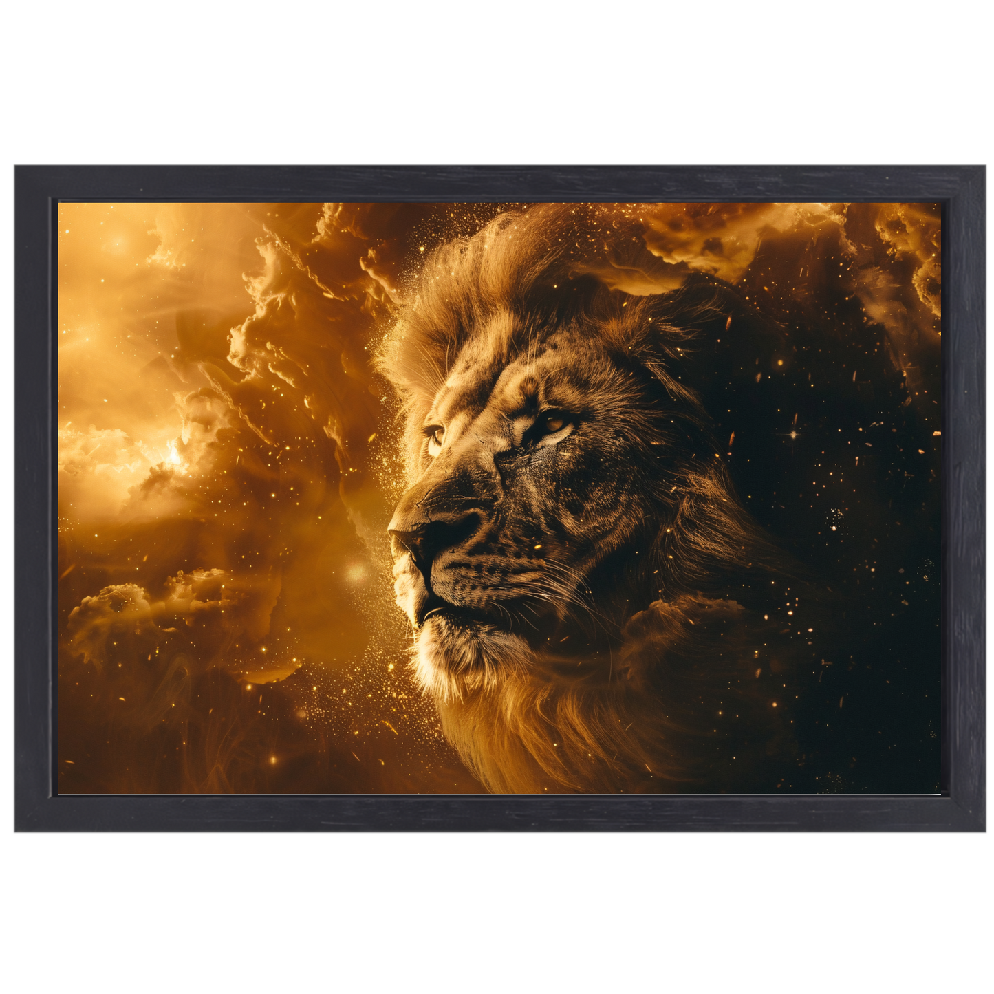 Gouden leeuw omringd door vurige gloed canvas met baklijst