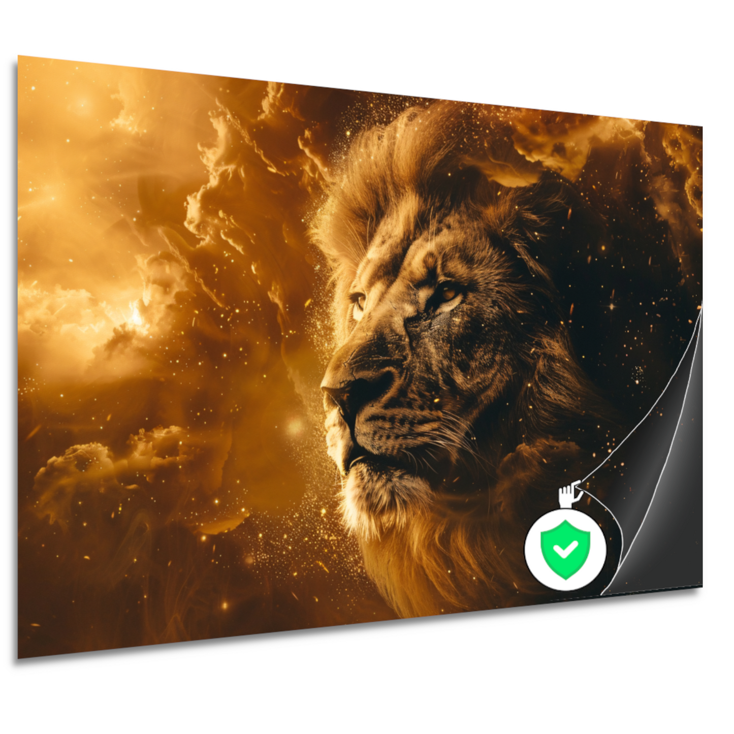 Gouden leeuw omringd door vurige gloed poster