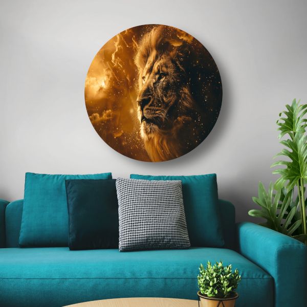 Gouden leeuw omringd door vurige gloed aluminium muurcirkel