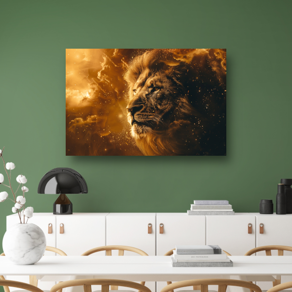 Gouden leeuw omringd door vurige gloed poster
