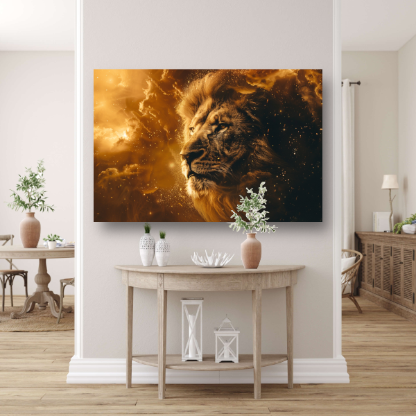 Gouden leeuw omringd door vurige gloed poster