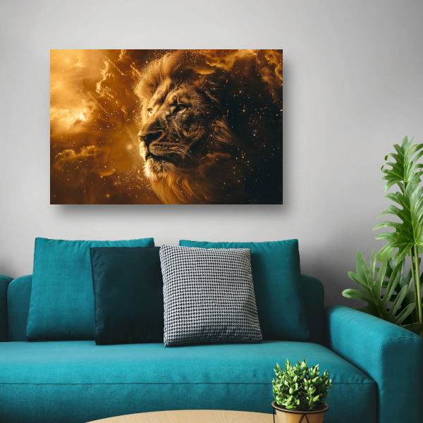 Gouden leeuw omringd door vurige gloed poster