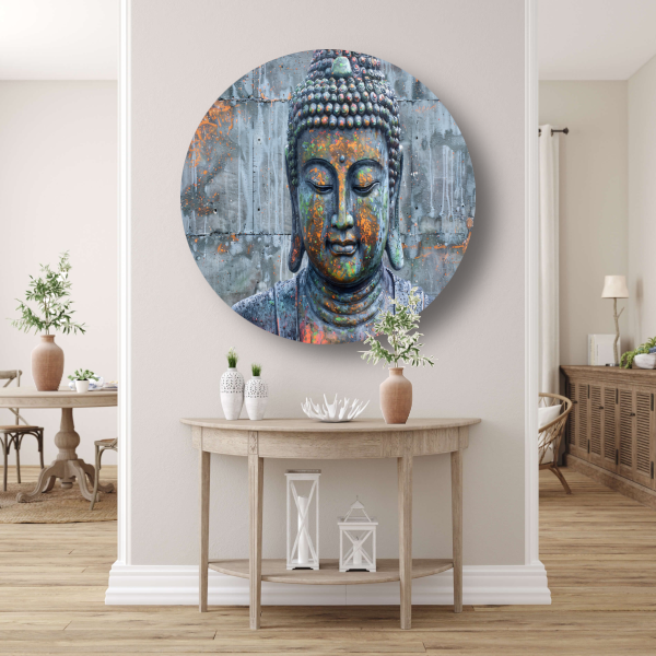 Boeddha Kunstwerk met Kleurrijke Betonnen Achtergrond aluminium muurcirkel