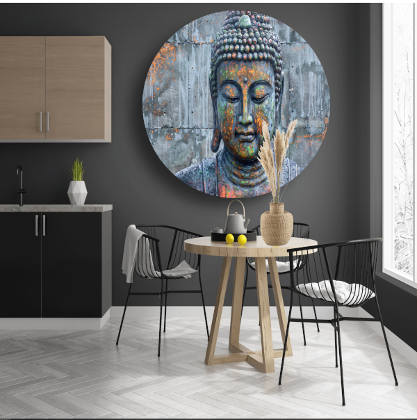 Boeddha Kunstwerk met Kleurrijke Betonnen Achtergrond aluminium muurcirkel