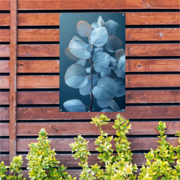 Blauwe eucalyptusbladeren in minimalistisch realisme tuinposter