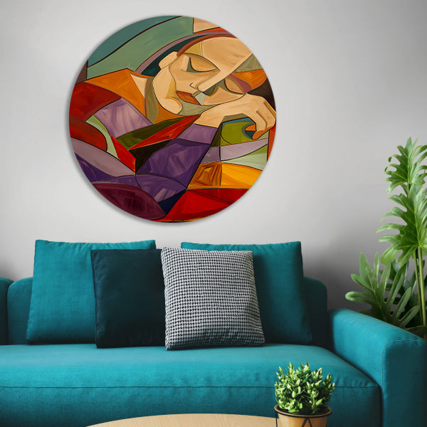 Kubistisch portret van vrouw in rust aluminium muurcirkel