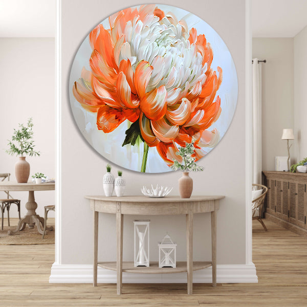 Abstract schilderij van oranje en witte bloem aluminium muurcirkel